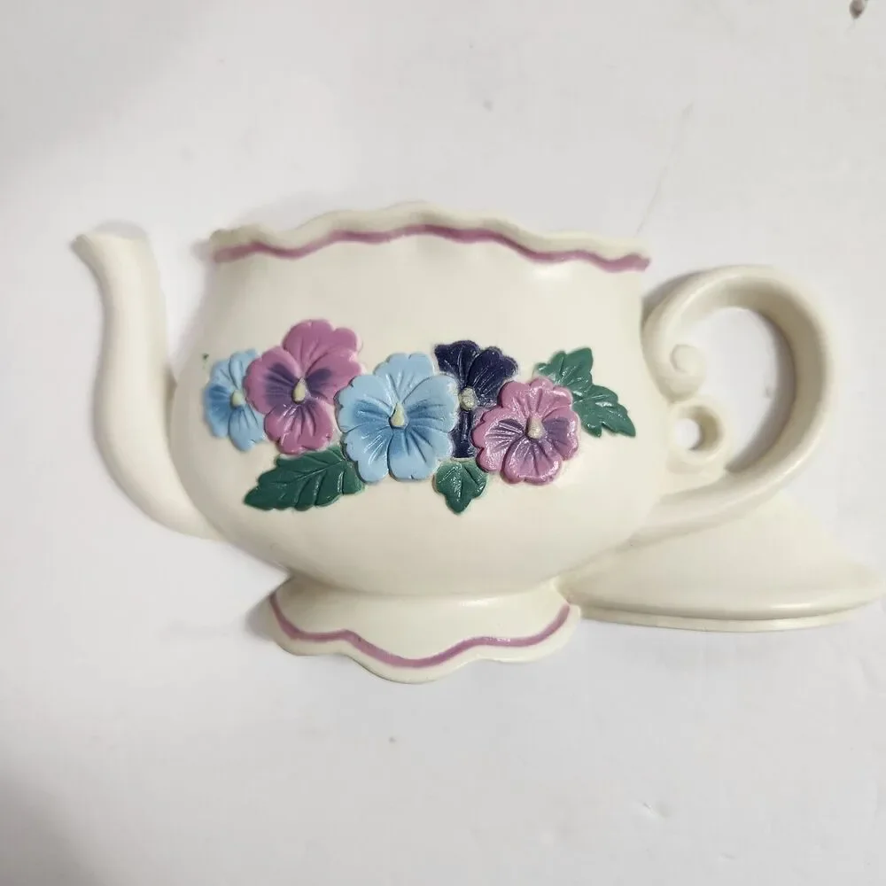 Vintage 1995 Burwood Floral Teapots & Bouquet 3 pc Wall Art Hanging Decor Set